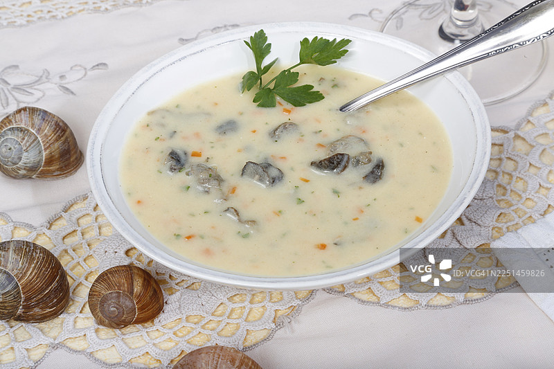 巴登美食，蜗牛汤，典型的巴登特色，葡萄园蜗牛壳，蜗牛壳，欧芹，勺子，汤碗，传统美食，特色菜，美食摄影，摄影棚，德国图片素材