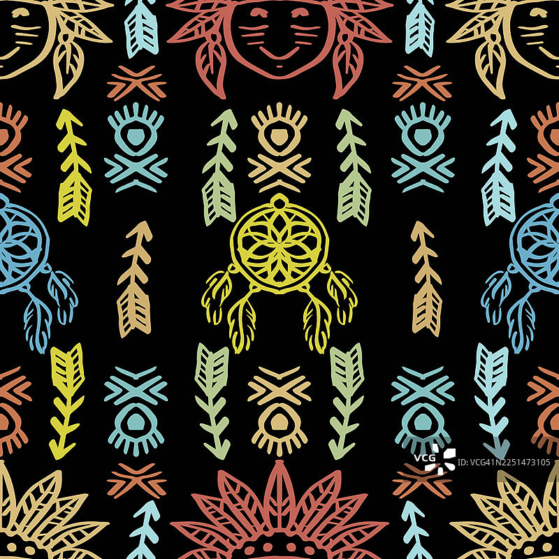 可爱的美洲原住民男孩卡通和部落民族图案的无缝图案。黑色背景。手绘矢量图。图片素材