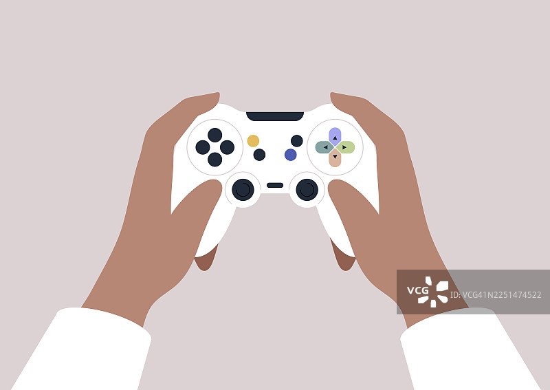 空气中弥漫着兴奋的气息，渴望的双手紧握着白色游戏手柄，准备在舒适的夜晚氛围中沉浸于一场身临其境的游戏体验。图片素材