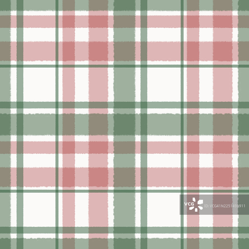 带有垂直和水平绿、红、白条纹的格子无缝图案。手绘圣诞格子背景水彩插画。纺织品、面料、服装的抽象模板。图片素材