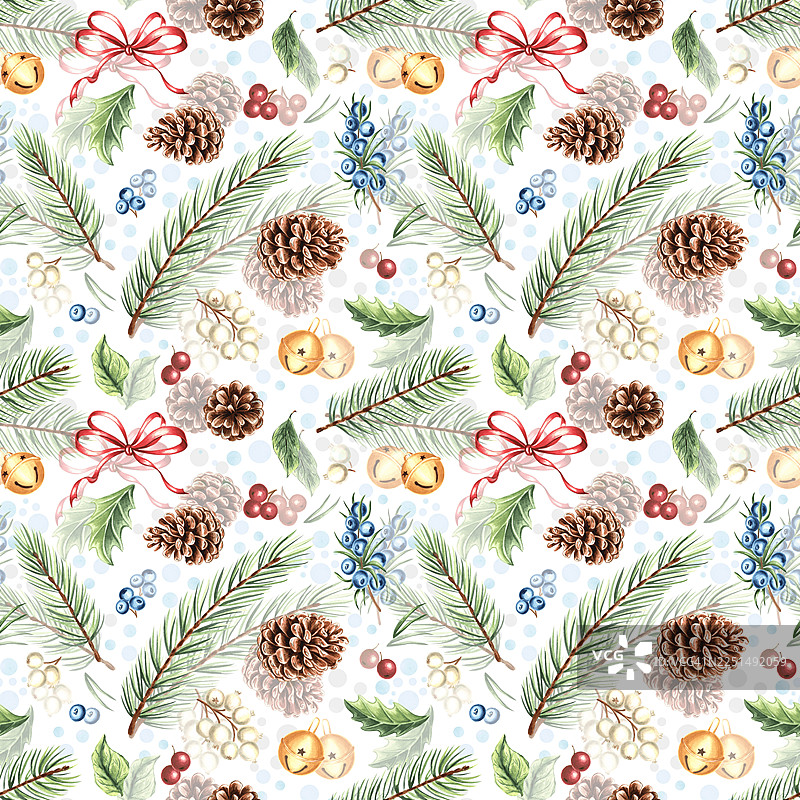 圣诞节无缝图案。水彩松枝搭配松果、红色蝴蝶结和圆形铃铛。手绘云杉枝条插画，用于冬季节日装饰。节日背景，适用于纺织品、壁纸。图片素材