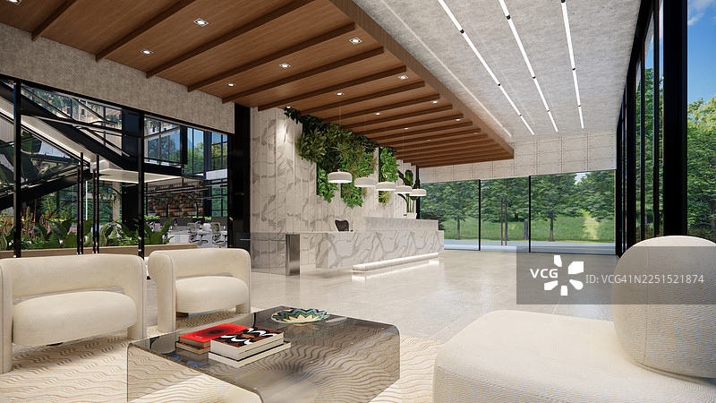 现代开放式办公空间，配有桌子、办公椅、爬行植物和经理室。图片素材