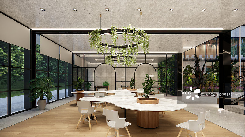 现代开放式办公空间，配有桌子、办公椅、爬行植物和经理室。图片素材