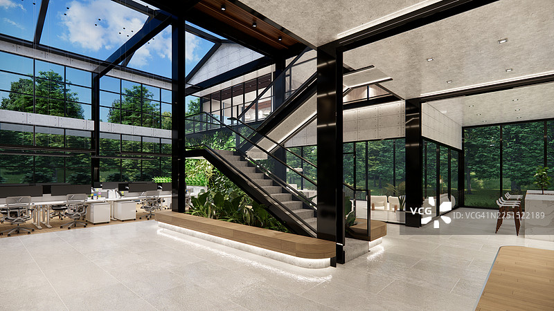 现代开放式办公空间，配有桌子、办公椅、爬行植物和经理室。图片素材