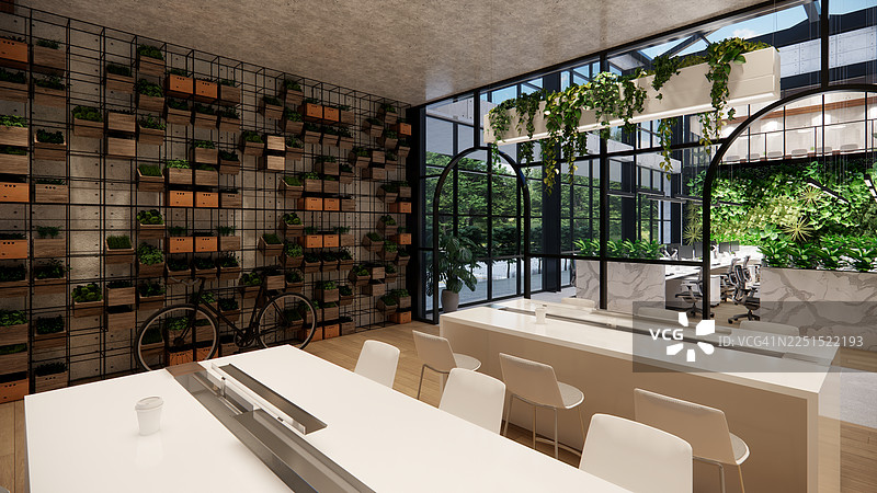 现代开放式办公空间，配有桌子、办公椅、爬行植物和经理室。图片素材