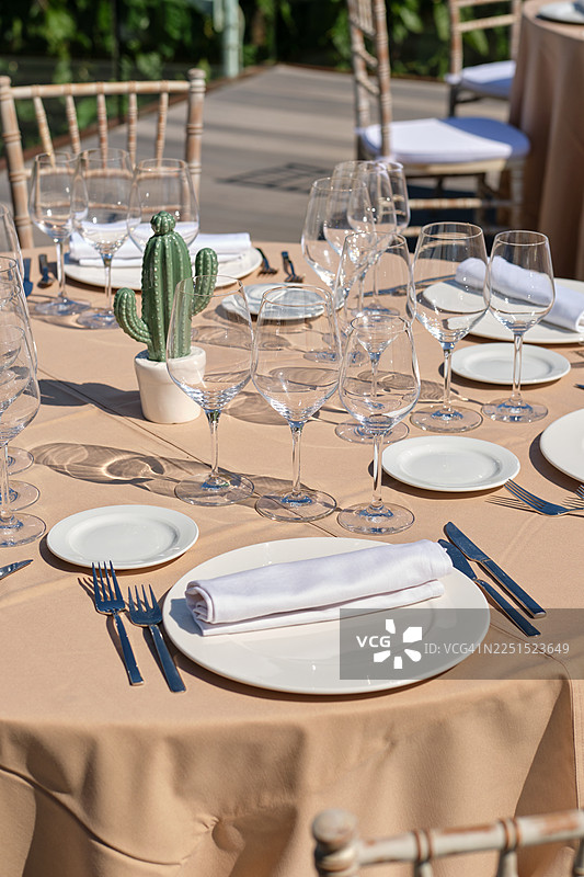 户外餐桌装饰，以仙人掌为中心，适合活动图片素材