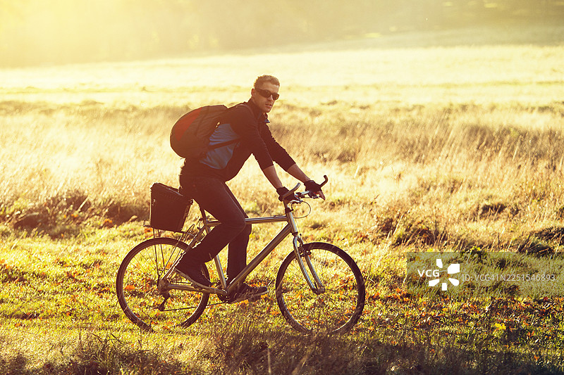伦敦里士满公园，金色的黄昏时分，一人骑自行车穿过田野图片素材