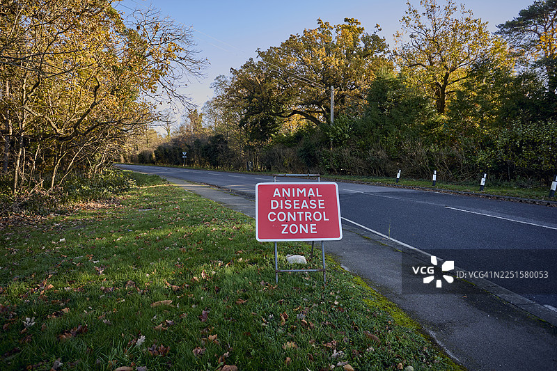 2025年11月30日，英国萨福克郡埃尔韦登——由于该地区近期爆发禽流感（HPAI H5N1），路边竖立着一块标有“动物疾病控制区”的标志。图片素材