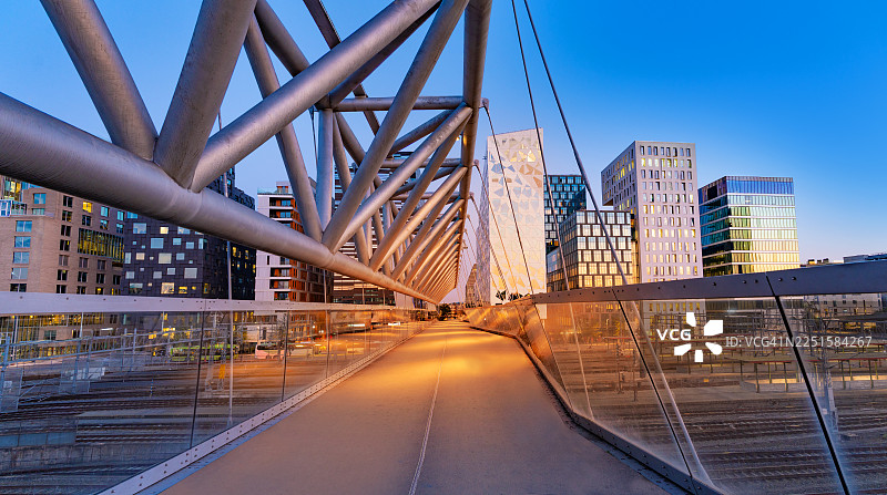 奥斯陆的阿克罗巴滕桥和条形码大楼在挪威的日落景象图片素材