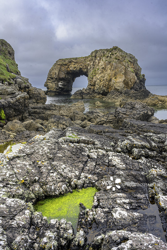 爱尔兰多尼戈尔郡法纳德波拉德海蚀拱潮池中的绿藻图片素材