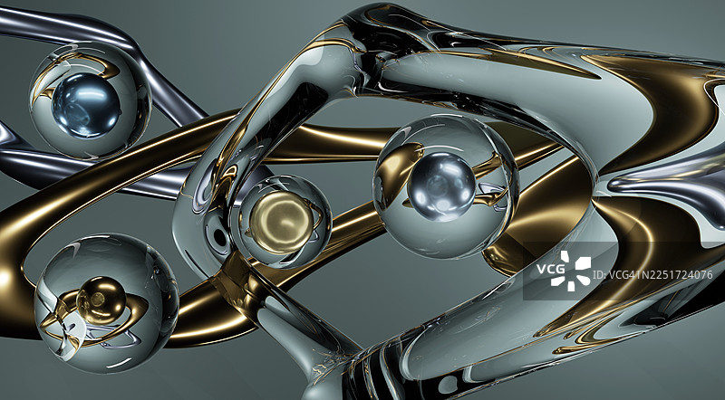 现代数字艺术中的抽象金色和铬液体形态图片素材