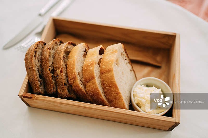 木盒里的切片酸面包配黄油图片素材