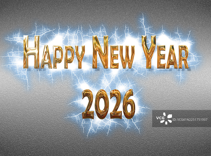 2026新年快乐，金色金属字母，闪电和电火花照亮。图片素材