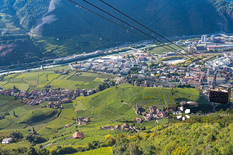 从上博岑索普拉博尔扎诺到博尔扎诺的缆车，意大利博尔扎诺自治省-南蒂罗尔图片素材