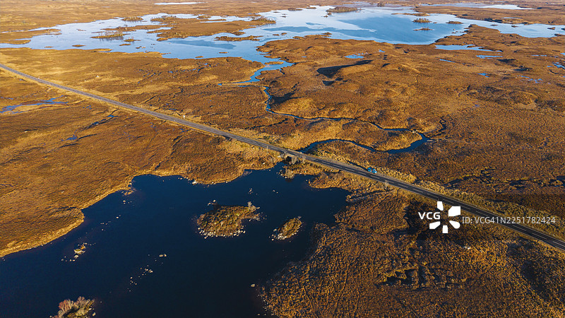 苏格兰高地格伦科公路旁，一辆孤独的露营车在明媚的冬日里停驻，这是俯瞰的航拍视角。图片素材