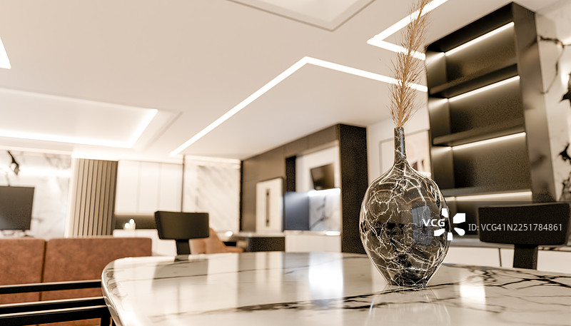 现代简约客厅，配有黑色大理石桌图片素材