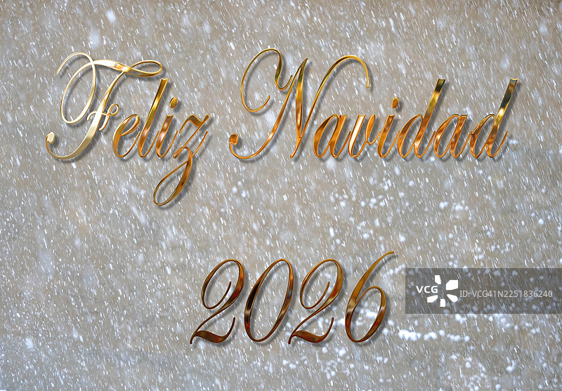 圣诞快乐，闪亮的金属金色字母（西班牙语文本），背景是飘落的雪花。图片素材