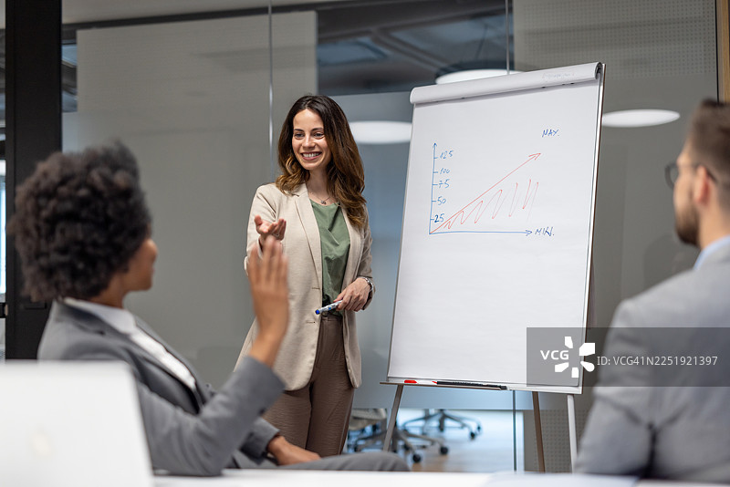 一位微笑的女商人正在办公室会议室向同事们做演示图片素材