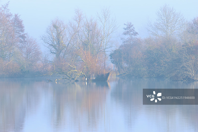 秋日清晨，太阳初升，湖泊和树木在寒冷霜冻的景象图片素材