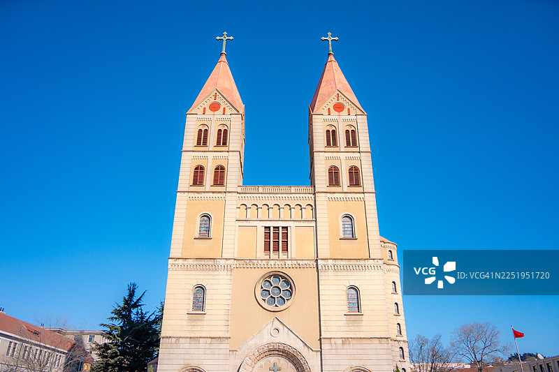 青岛圣弥厄尔大教堂旁的泡桐花图片素材