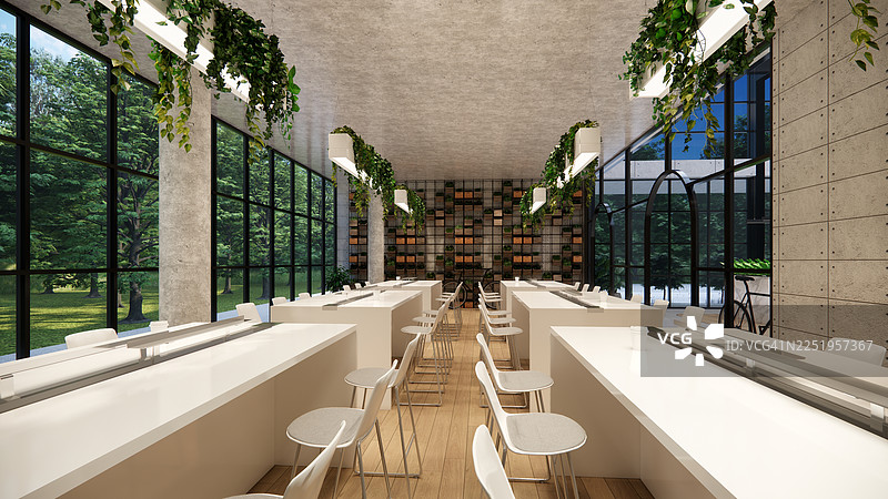 现代开放式办公室，配有桌子、办公椅、蔓生植物和经理室。图片素材