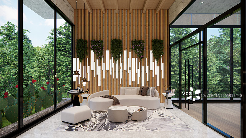 现代开放式办公空间，配有桌子、办公椅、爬行植物和经理室。图片素材