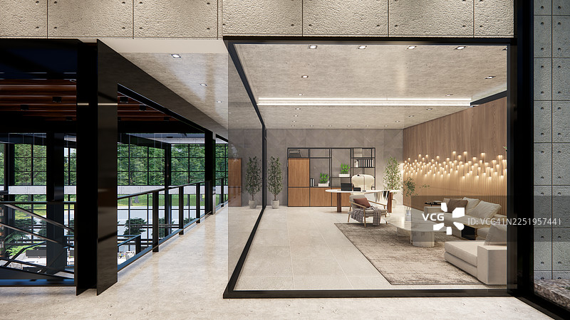 现代开放式办公室，配有桌子、办公椅、爬行植物和经理室。图片素材