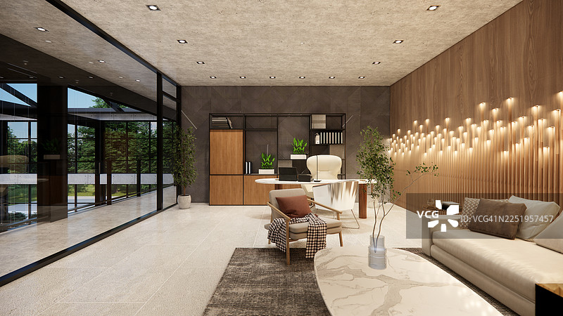 现代开放式办公室，配有桌子、办公椅、爬藤植物和经理室。图片素材