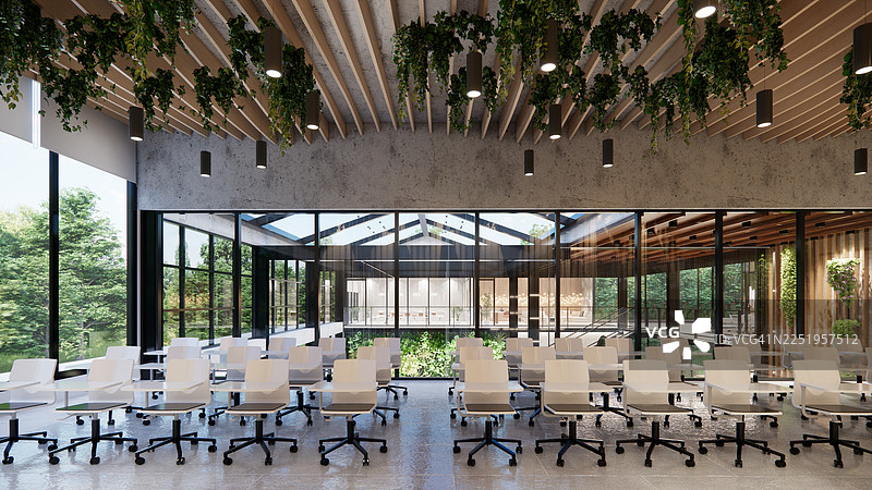 现代开放式办公空间，配有桌子、办公椅、爬行植物和经理室。图片素材