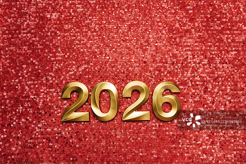 2026新年庆祝背景，红色亮片纹理上的金色数字图片素材