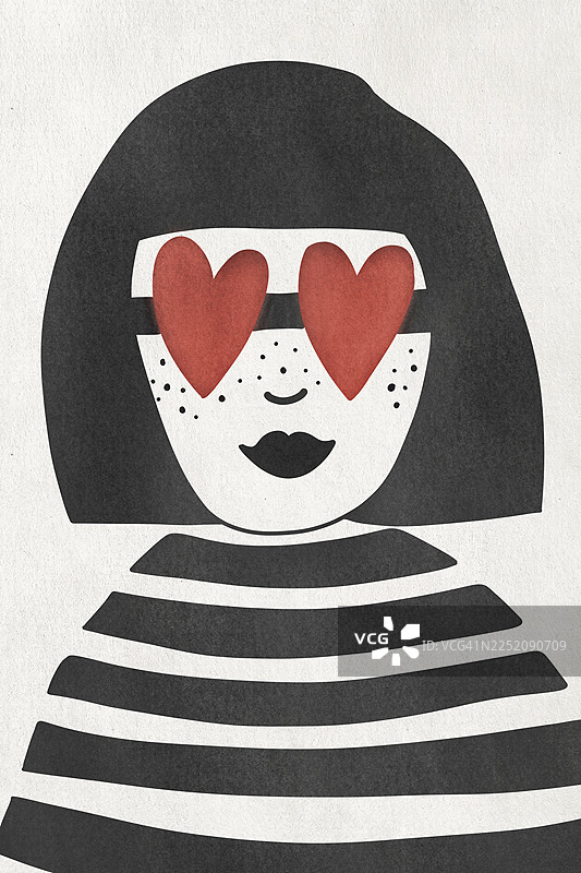 戴着心形太阳镜和条纹衬衫的女士的恋爱插画图片素材