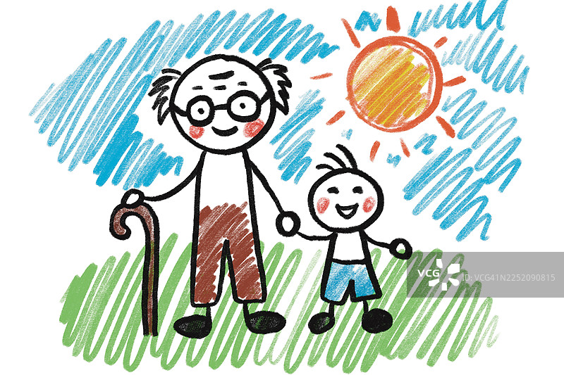 祖父和孙子在晴朗的天空下温馨相处的画图片素材