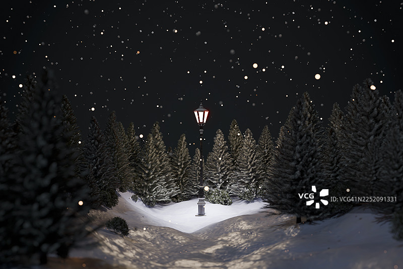 夜晚的雪林，有灯柱和飘落的雪花，3D渲染图片素材