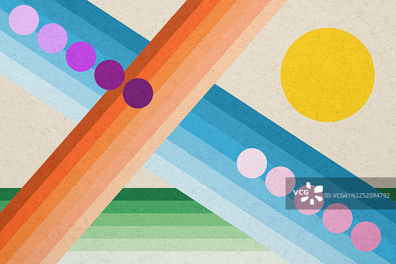 抽象的包豪斯风格插画，带有彩色几何线条和太阳图片素材