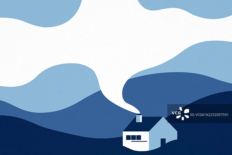 雪中山区乡村房屋和蓝色山丘的冬季风景插画图片素材