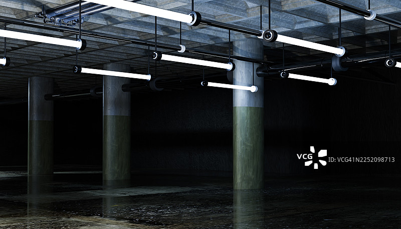 地下工业室内，有混凝土柱子和荧光灯图片素材
