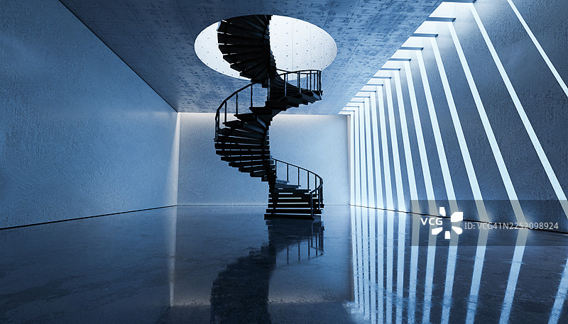 现代蓝色3D渲染室内，带有螺旋楼梯和抽象灯光图片素材