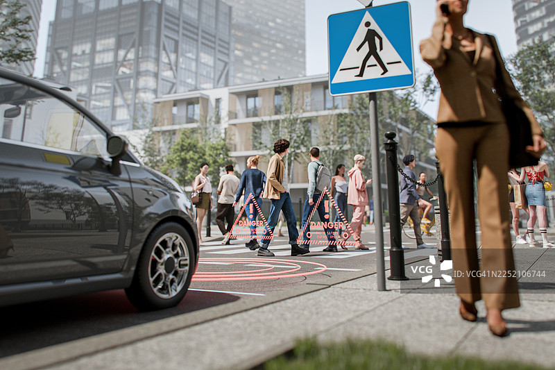 汽车人工智能辅助系统在街道上识别行人图片素材