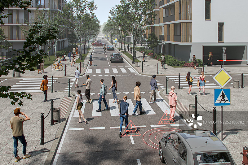 汽车人工智能辅助系统在街道上识别行人图片素材