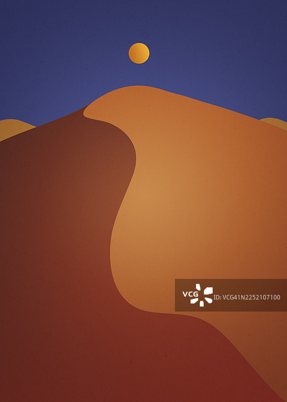 撒哈拉沙漠干旱景观中，带有太阳的极简主义沙丘插画图片素材