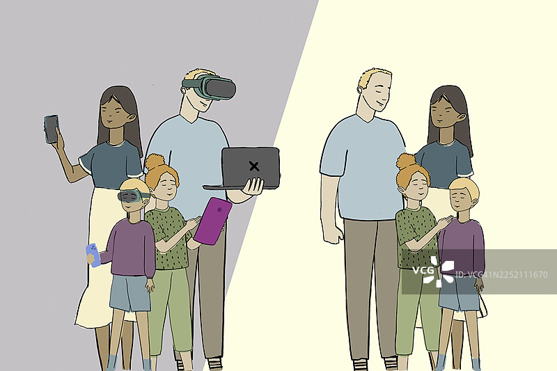 插画：有和没有科技设备的家庭图片素材