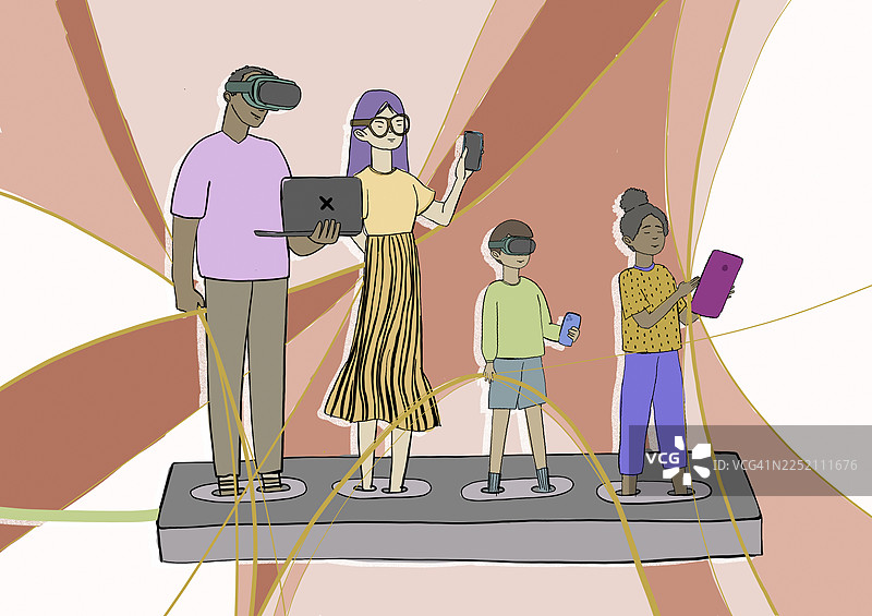 一家人使用各种数字设备互动的插画图片素材