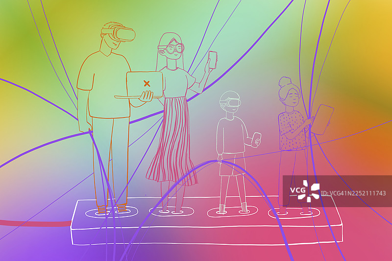 一家人使用连接着电线和技术的数字设备图片素材