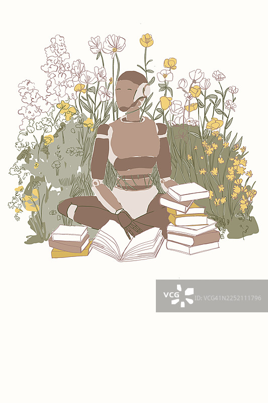 机器人正在花园里读书，象征着人工智能的户外训练图片素材