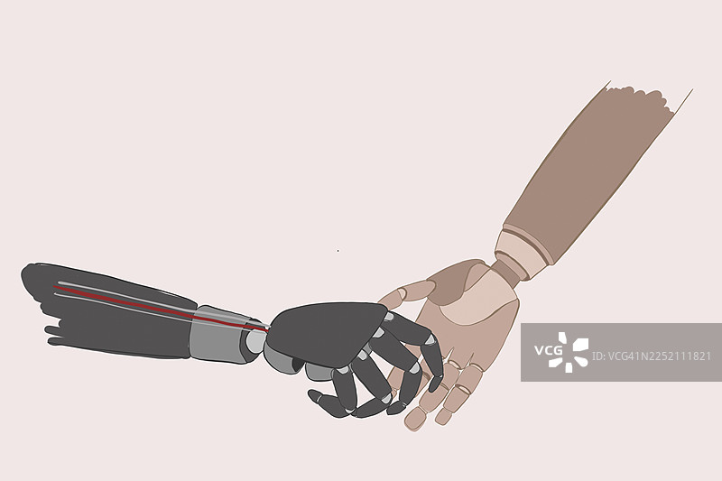 机器人和人类的手在握手，象征着友谊的插画图片素材