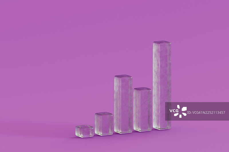 紫色背景上带有3D玻璃效果的增长条形图图片素材