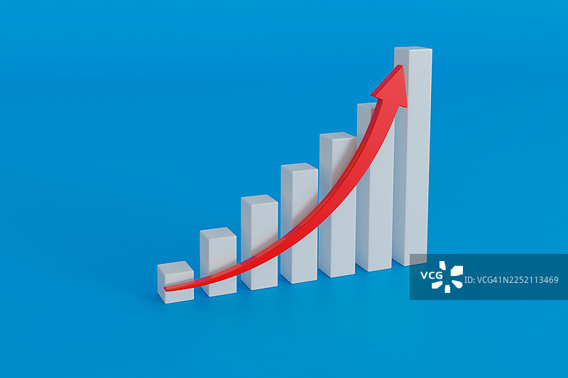 带有白色柱子和红色箭头的 3D 条形图，显示业务增长图片素材