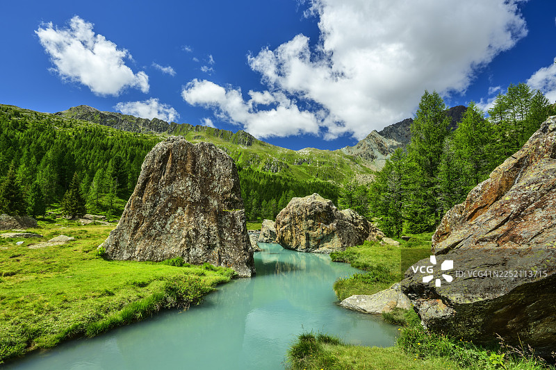 伯尔尼纳阿尔卑斯山伦巴第地区，有巨石和森林的山间河流图片素材