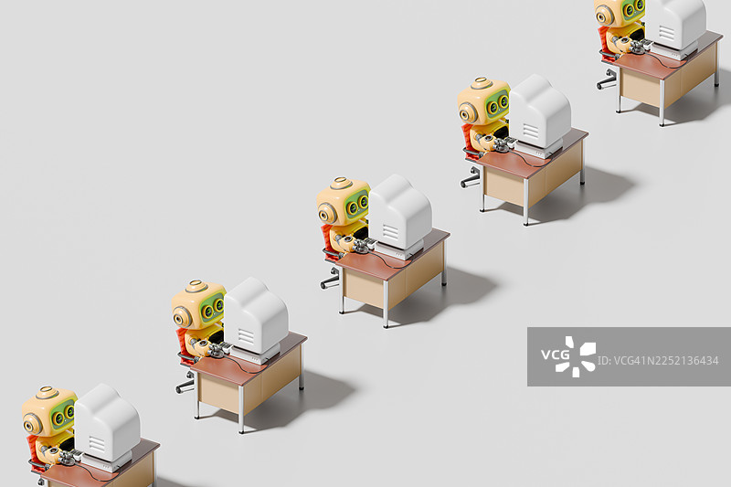 3d机器人正在重复的办公室模式下使用电脑工作图片素材