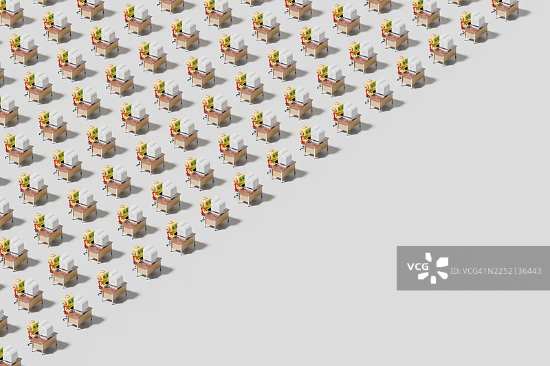 3D渲染：电脑前排成一列的重复的机器人办公室职员图片素材